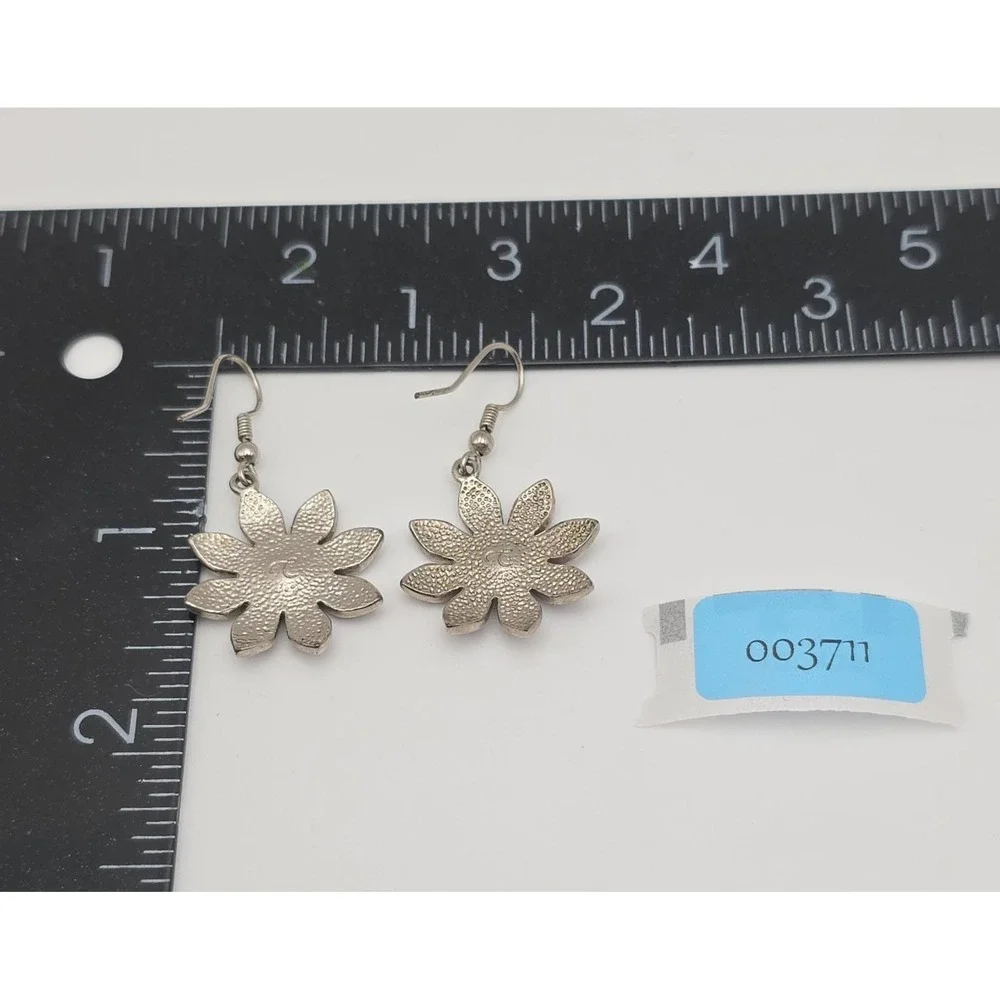 Signed C Earrings Purple Enamel Flower Clear Crystal Accents Dangle Silver‎ Tone
